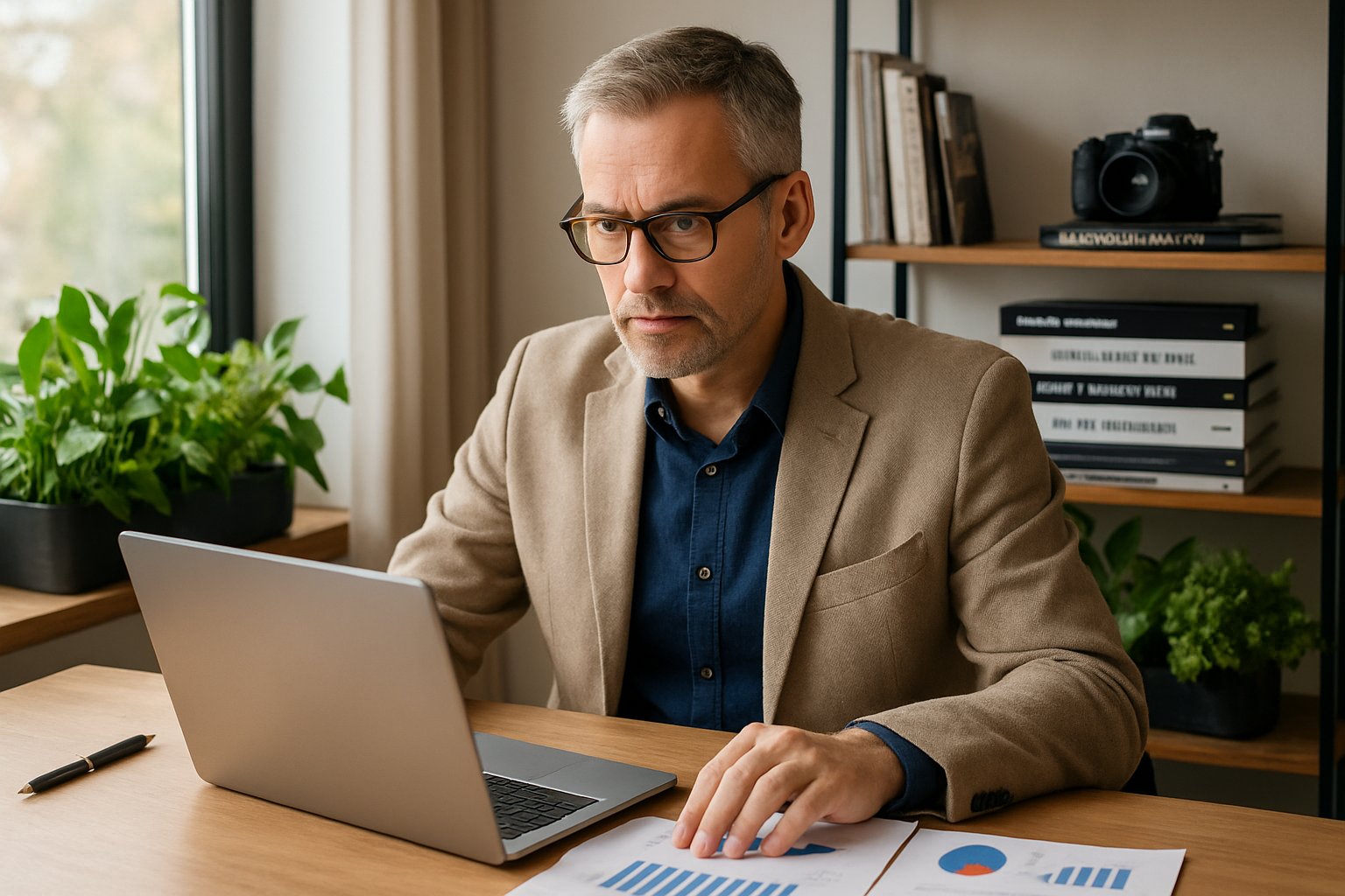 Ein Mann arbeitet an einem Laptop in einem Büro mit Pflanzen und Kamera im Hintergrund.