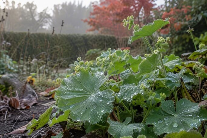 Tautropfen auf Blättern im Gegenlicht der Morgensonne in einem herbstlichen Garten